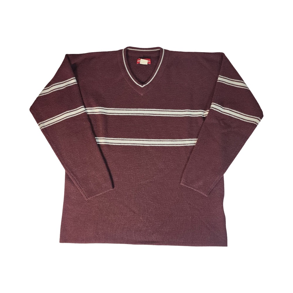 Unionbay Vintage Maroon Striped V-Neck Knit Sweater Mens Small Burgundy 90s Y2K